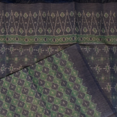 Pochampally Ikkat Green Saree with Ivory Stripes, Navy Blue Border, and Blouse