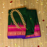 Ilkal Gadwal Silk Bottle Green With Pink Jari Boarder with Blouse