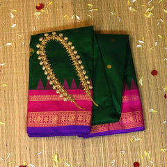 Ilkal Gadwal Silk Bottle Green With Pink Jari Boarder with Blouse