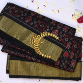 Pochampally Ikkat Black Saree with Gold Zari Border and Blouse