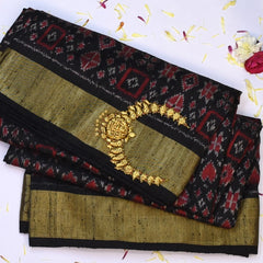 Pochampally Ikkat Black Saree with Gold Zari Border and Blouse