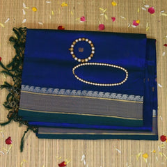 Pure Cotton Silk Peacock Blue Saree With Zari Border