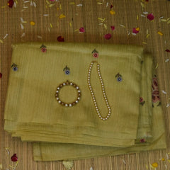 Semi Linen Silk Pista Green With Gap Border