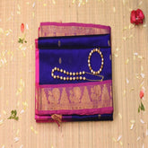 Silk cotton royal blue saree with pink boarder