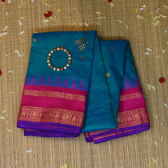 Ilkal Gadwal Silk Radium Blue Pink Boarder with Blouse