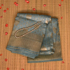 Sky Blue Benares Linen Silk Saree with Jari Border