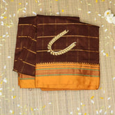 Ilkal Silk Cotton Brown Saree With Yellow Border