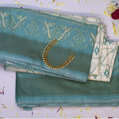 Pochampally Ikkat Ivory Saree with Blue Horizontal Lines, Gold Border, and Blouse