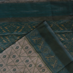 Pochampally Ikkat Ivory Saree with Blue Horizontal Lines, Gold Border, and Blouse