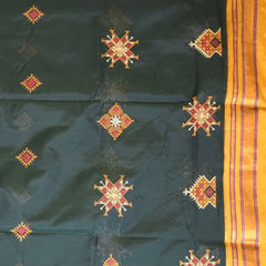 Ilkal Coton Silk Kasuti Dark Green Sasree With Mustard Border