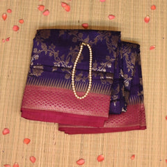 Midnight Blue Benares Monga Silk Saree with Pink Zari Border