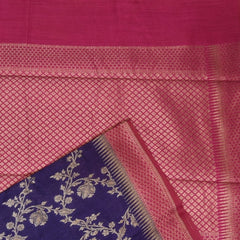 Midnight Blue Benares Monga Silk Saree with Pink Zari Border