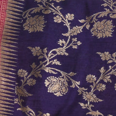 Midnight Blue Benares Monga Silk Saree with Pink Zari Border