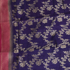 Midnight Blue Benares Monga Silk Saree with Pink Zari Border