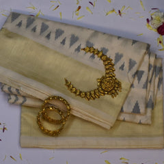 Pochampally Ikkat Ivory Saree with Grey Triangular Motifs and Blouse