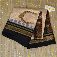 Ilkal Gadal Pure Silk Cream Saree With Black Border