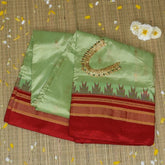 Ilkal Pure Silk Pista Green With Red Border