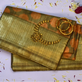 Pochampally Ikkat Mehndi Green Gold Tissue Saree with Orange Motifs, Zari Border, and Blouse
