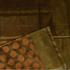 Pochampally Ikkat Mehndi Green Gold Tissue Saree with Orange Motifs, Zari Border, and Blouse