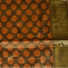 Pochampally Ikkat Mehndi Green Gold Tissue Saree with Orange Motifs, Zari Border, and Blouse