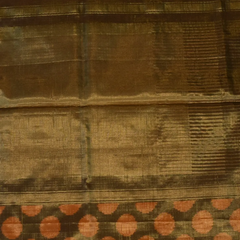 Pochampally Ikkat Mehndi Green Gold Tissue Saree with Orange Motifs, Zari Border, and Blouse