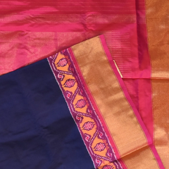 Pochampally Ikkat Navy Blue Saree with Pink Zari Border and Blouse