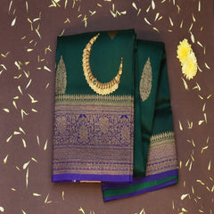 Benarasi cora silk bottle green saree with purple boarder jari work