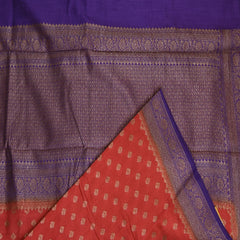 Benarasi linen silk brick red saree with violet jari boarder