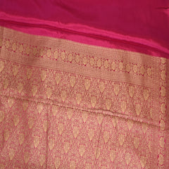 Benarasi crepe silk rama green saree with pink jari boarder