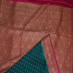 Benarasi crepe silk rama green saree with pink jari boarder