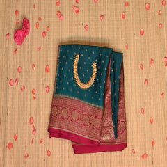 Benarasi crepe silk rama green saree with pink jari boarder