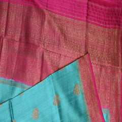 Benarasi tussur silk teal blue saree with pink jari boarder