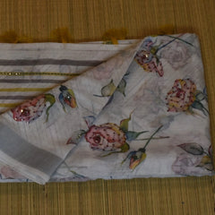 White Cotton Saree with Delicate Rosewood Floral Motifs