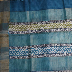 Organza silk half white saree with teal blue boarder