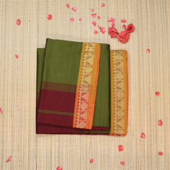 Semi silk cotton leaf green saree with jari boarder