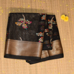 Semi Silk Cotton Black saree with jari boarder