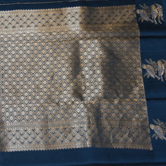 Benarasi crepe silk saree teal blue with bird motifs