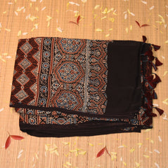 Modal silk ajrak Black saree with floral print