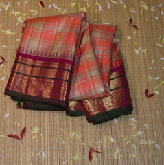 Gadwal pure silk pink and cream checks saree with jari boarder