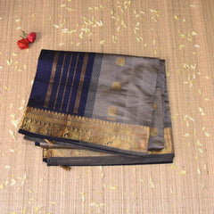 Kanchi pure silk cotton grey saree with jari boarder