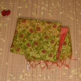 Semi Silk Cotton Parrot green saree with floral print