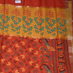 Semi Silk Cotton Red saree with floral print