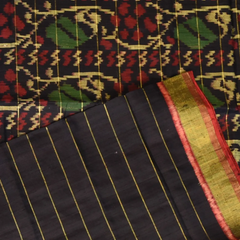 Pochampally Ikkat Black Saree with Horizontal Zari Lines, Gold Border, and Blouse