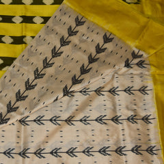 pochampally pure silk half white saree with yellow border