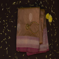 Benarasi pure kathan silk beige saree with pink boarder jari work