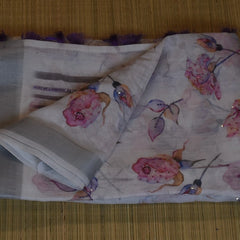 Timeless White Cotton Saree with Oxblood Flower Accents