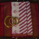 Pochampally Ikkat Ivory Saree with Pink Stripes, Gold Zari Border, and Blouse