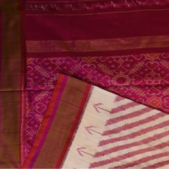 Pochampally Ikkat Ivory Saree with Pink Stripes, Gold Zari Border, and Blouse
