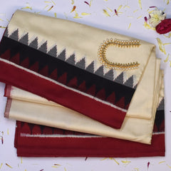 Pochampally Ikkat Ivory Saree with Temple Border and Blouse