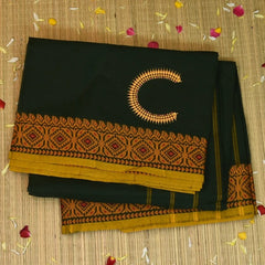 Kachi Cotton Bottle Green Saree With Mustard Border